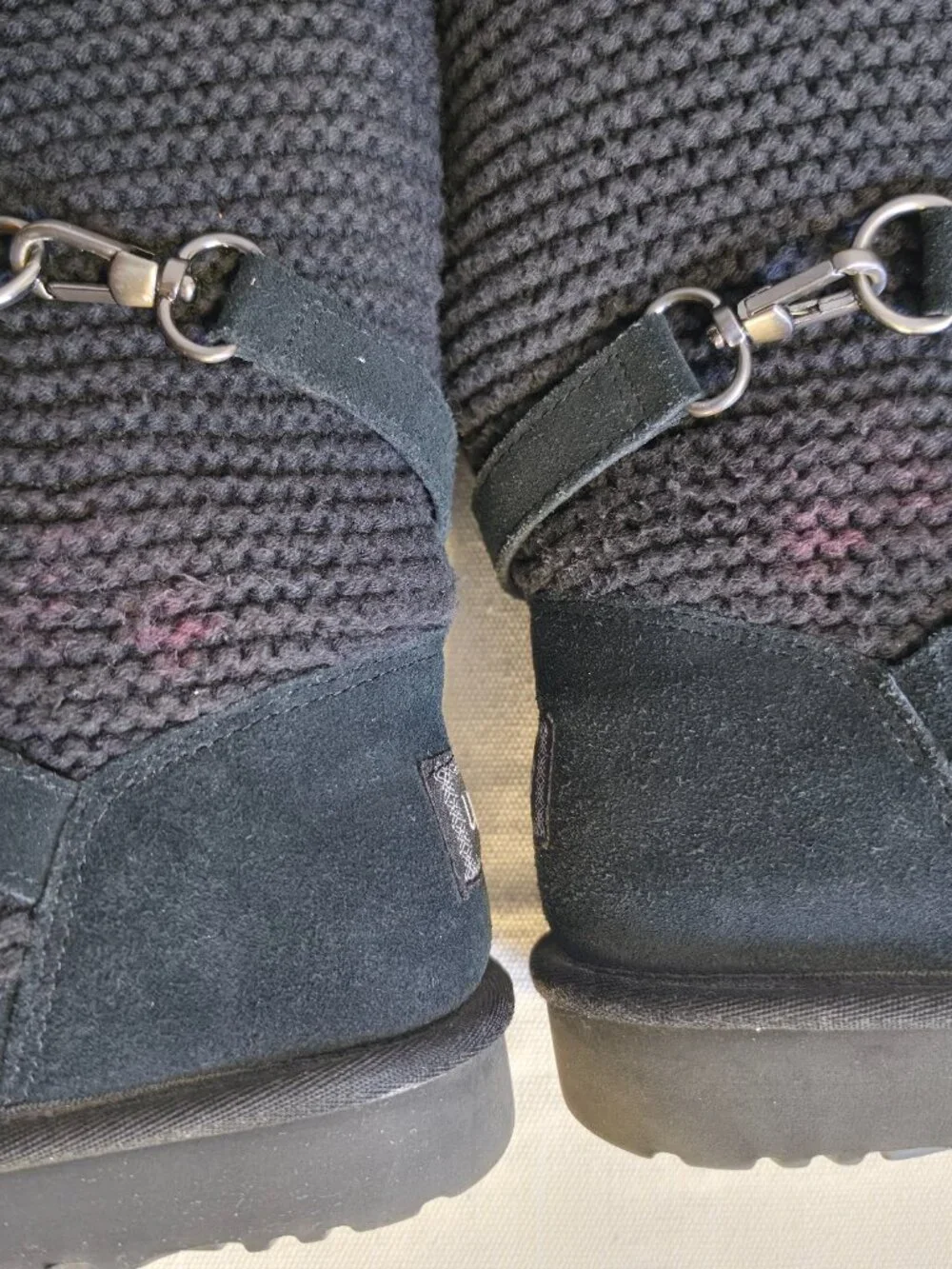 UGG Purl Strap Boot 1098080 Black Suede Knit Cuff Wool Lined Women's Size 10